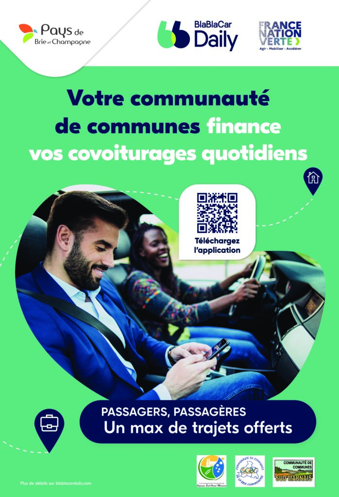 Covoiturage gratuit sur Blablacar Daily grâce au soutien des Communautés de communes du Pays de Brie et Champagne